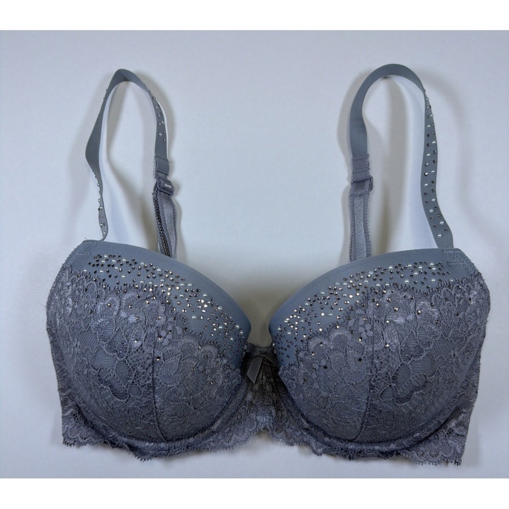 Victoria's Secret Dream Angels Lined Demi Bra Size 32DD Blue Lace Rhinestone